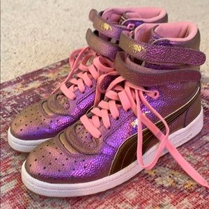 Pink and gold Puma Skytop hightop sneakers